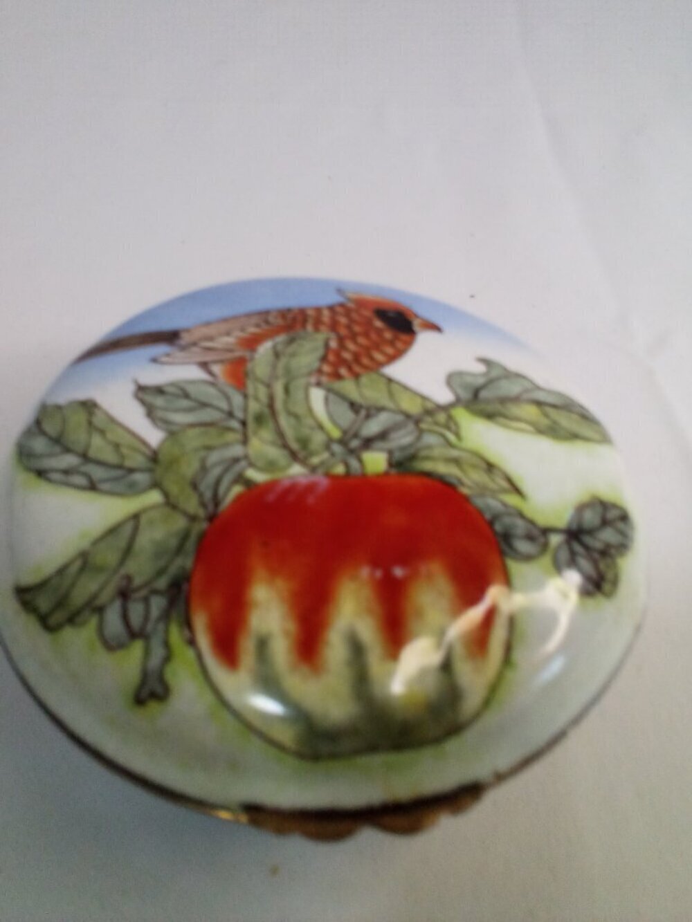 Vintage Hinged Trinket Jewelry Box Enamel Bird Leaves Asian